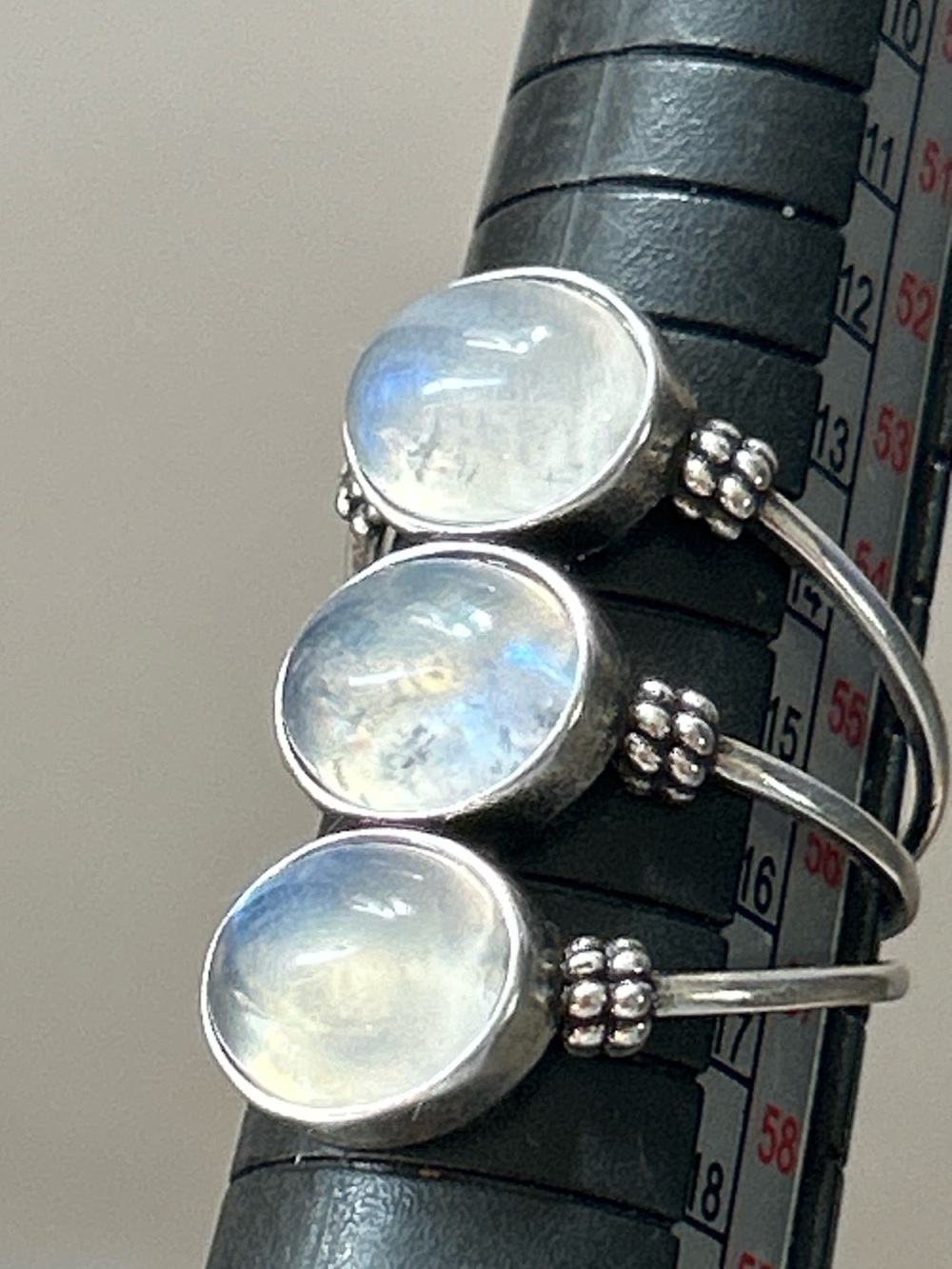 Sterling Silver S925 Triple Moonstone Crystal Ring Iridescent White Authetic